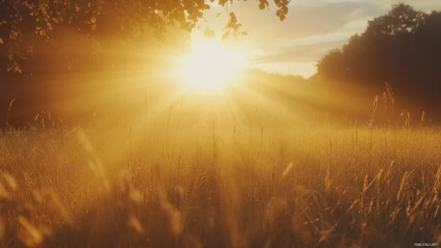 Golden beams of a sunrise spread across the quiet meadow.
