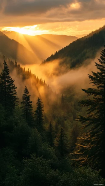 Golden beams of sunrise break through a forested valley.
