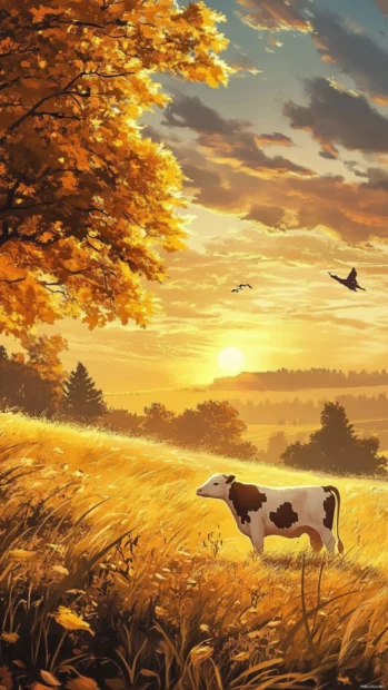 Golden evening backdrop in this Cute cow wallpaper with grazing cow.