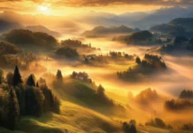 Golden fog creeping through valleys during sunrise wallpaper with fog.