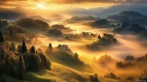 Golden fog creeping through valleys during sunrise wallpaper with fog.
