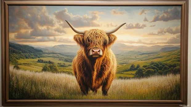 Golden furred Highland cow framed by green valley at sunset.
