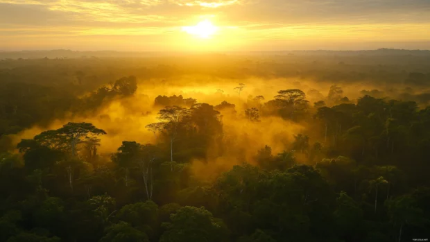Golden haze settles over the forest with the sunrise.