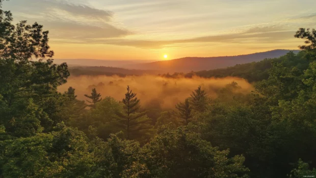 Golden hour brings the forest to life at sunrise.