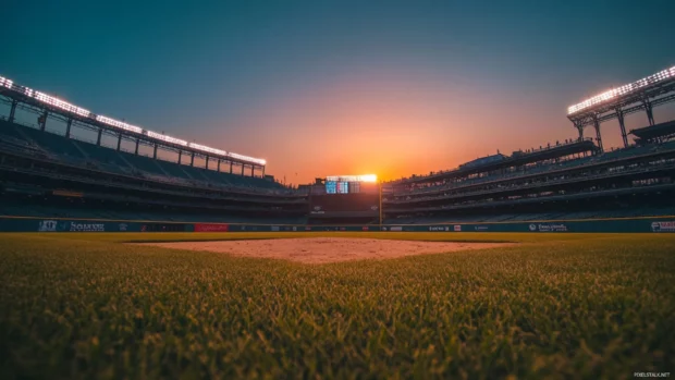 Golden hour inside a quiet baseball stadium.