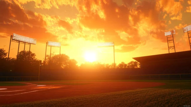 Golden hour lighting over a stadium in a scenic baseball wallpaper 4k.