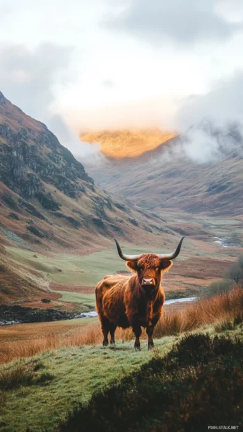 Golden hour mountain valley with cow in this Highland cow aesthetic background.