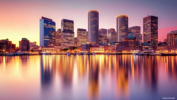 Golden hour on serene coastal skyline, buildings reflect shimmering water.