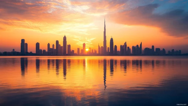 Golden hour skyline captured in a scenic sunrise wallpaper with city skyline.