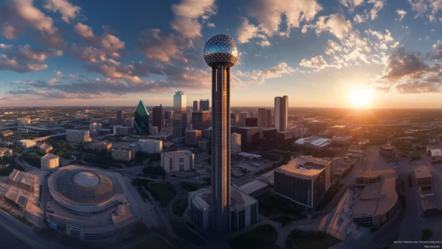 Golden hour view of Dallas with Reunion Tower and contemporary skyscrapers.