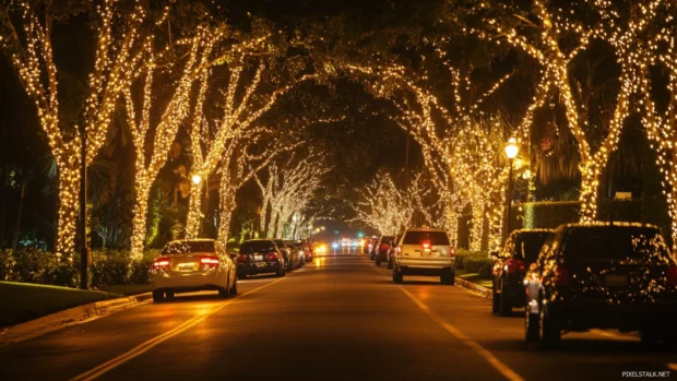 Golden hues ripple through quiet avenues lit by City Lights.