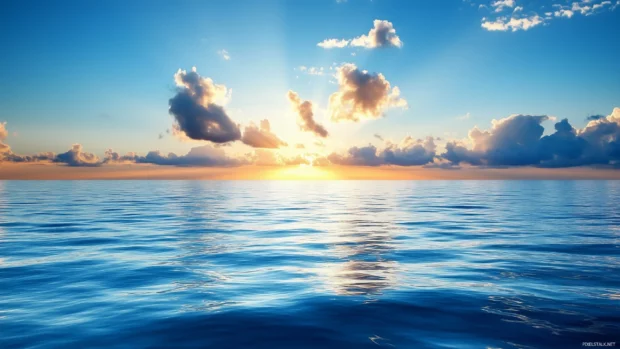 Golden hues to deep indigo serene evening sky scattered clouds reflecting last rays sunlight.