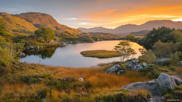 Golden layers form in the distance as dawn breaks over the highlands.