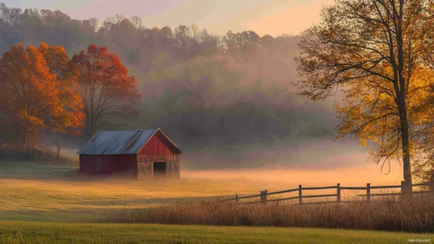 Golden light brushes the fog in a rural field.