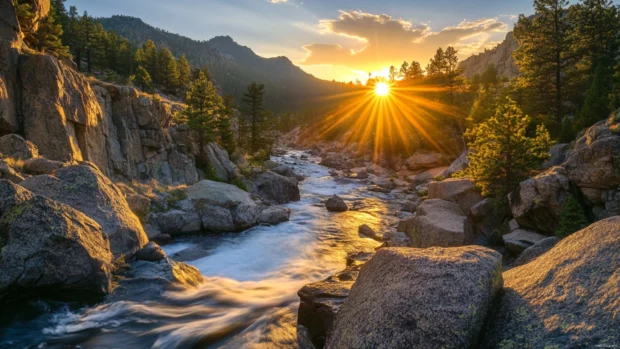 Golden light spills through a rocky canyon in this Mountain Sunrise wallpaper.