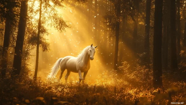Golden light spreads through the trees as a unicorn emerges from the forest.