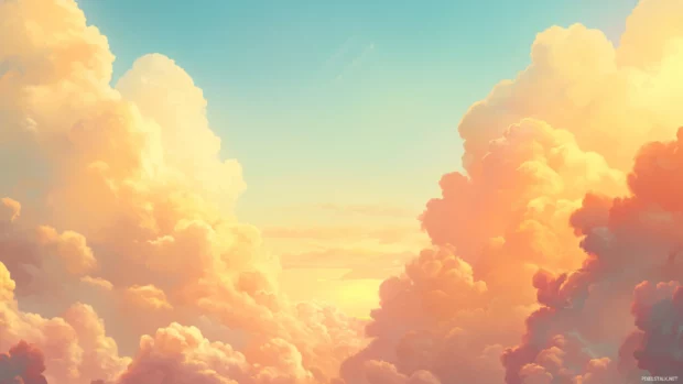 Golden light streaming through cotton candy clouds, ideal for a Sunrise Desktop Wallpaper with Clouds.
