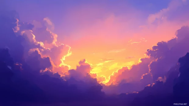 Golden light streams through gaps in clouds, cloudy evening sky lit by setting sun.