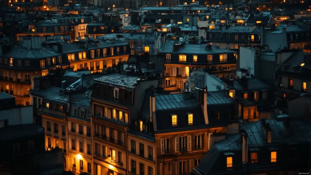 Golden lights illuminating rooftops in the Nighttime City Desktop Wallpaper.