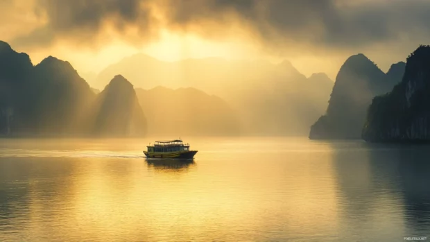 Golden morning along a calm and quiet sea.