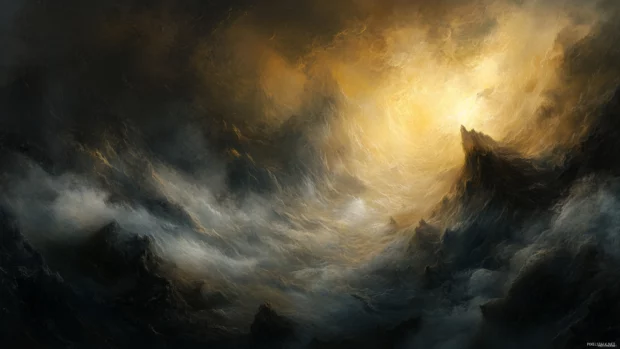Golden morning light pierces the fog in a tranquil mountain valley, illuminating the mist.