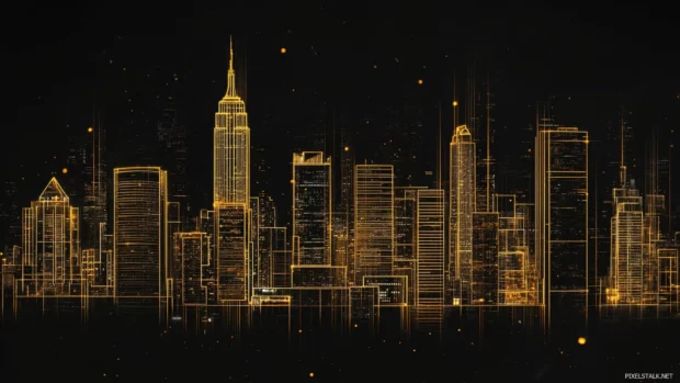 Golden outlines sketch the City Night in warmth.