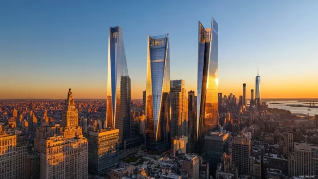 Golden rays highlight the angular edges of New York City towers.