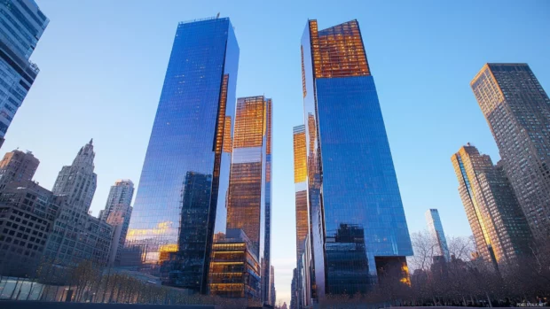Golden reflections on glass towers in New York City Desktop Wallpaper during late afternoon.