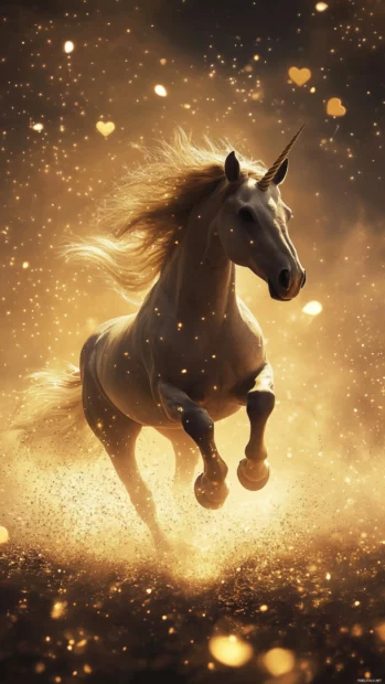 Golden sparkles fly behind a unicorn running through heart shaped fog.