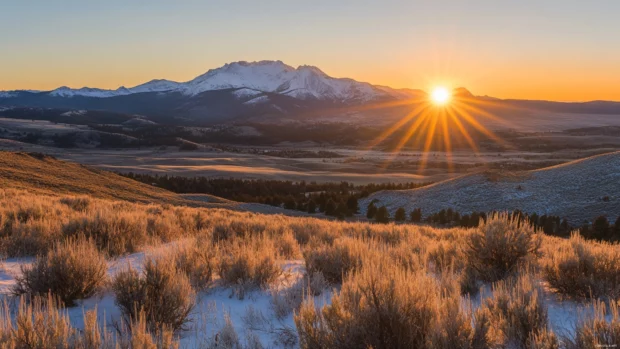 Golden sun peeking over calm mountain range at sunrise.