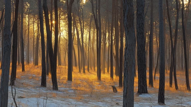 Golden sunbeams filter between forest trunks at dawn.
