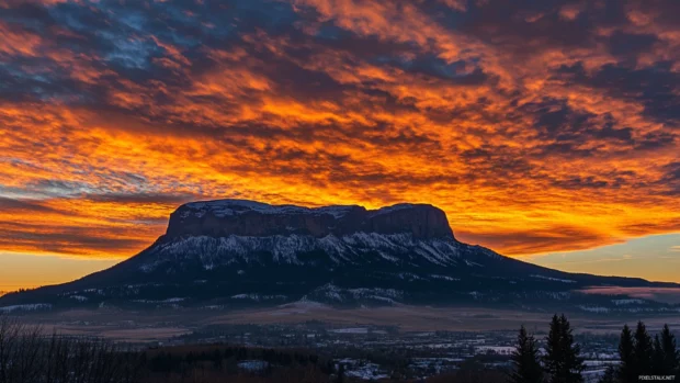 Golden sunrise behind a mountain silhouette with dramatic sky.