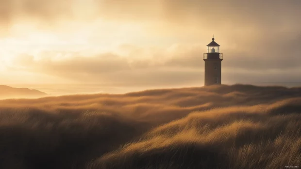 Golden sunrise casts light on a lighthouse and grassy landscape.