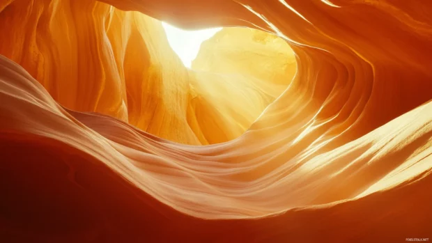 Golden sunrise through arched canyon formations.