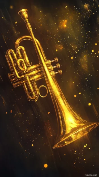 Golden trumpet shining under soft jazz lighting.