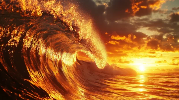 Golden waves crashing under vibrant sunrise scene wallpaper.