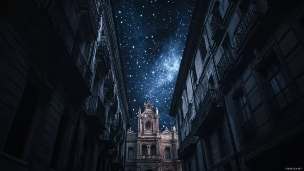 Gothic inspired architecture under starlit sky in black city wallpaper.