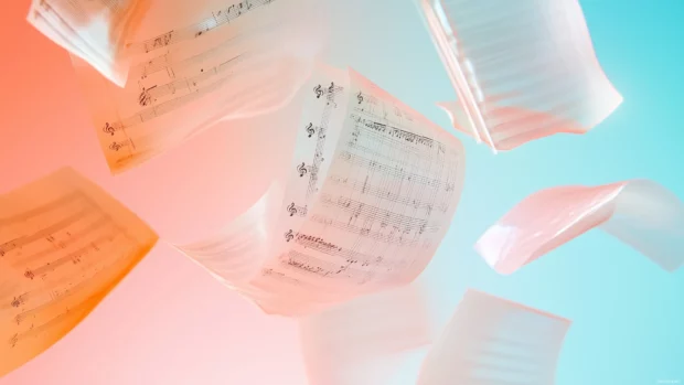 Gradient background abstract composition layers of translucent sheet music floating against depth and movement evoking beauty of music.