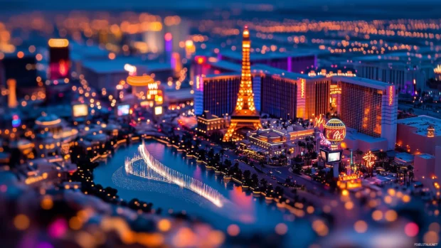 Grand Vegas view with famous fountains and neon.