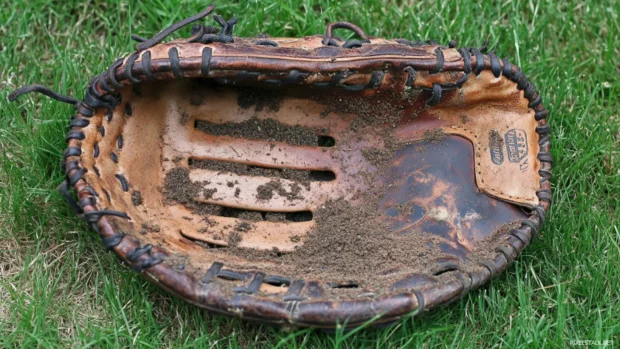 Grass stains and dirt on a used baseball glove.