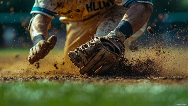 Grass stains and grit on uniform of sliding baseball player.
