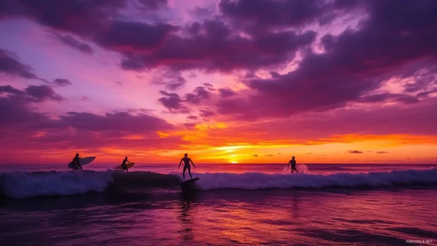 Group of surfers riding waves at sunset with colorful sky.