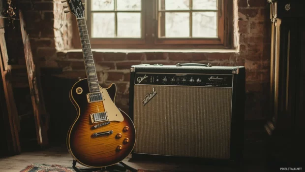 Guitar and amplifier beside brick wall in warm lighting.