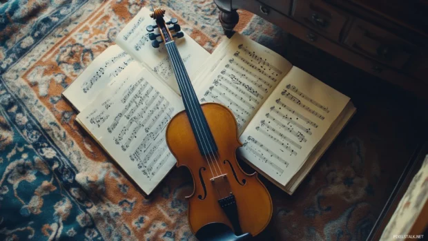 Guitar music wallpaper HD, Wooden violin resting against open sheet music.