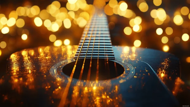 Guitar strings close up 4K wallpaper, Blurry stage lights focused around a glowing music note.
