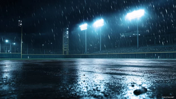 HD desktop wallpaper featuring baseball in rain under stadium lights.