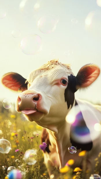 HD iPhone cow wallpaper cute with a cow blowing bubbles in a candy field.