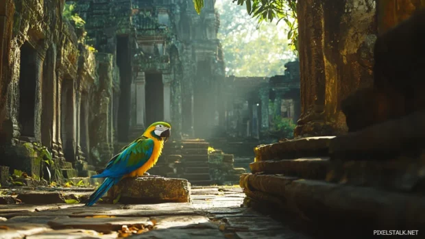 HD parrot background featuring a lone parrot resting in the ruins of an ancient temple.