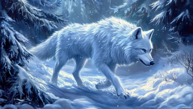 HD wolf wallpaper for desktop featuring a snow covered white wolf walking through a dense pine forest.