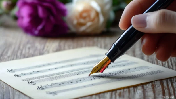 Hand placing fresh ink pen beside sheet music.